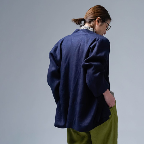 wafu. リネンカーディガン　ジャケット　ポケット　フランス産リネン　濃紺 リネンカーディガン】大人の抜け感 リラックス シャンブレー