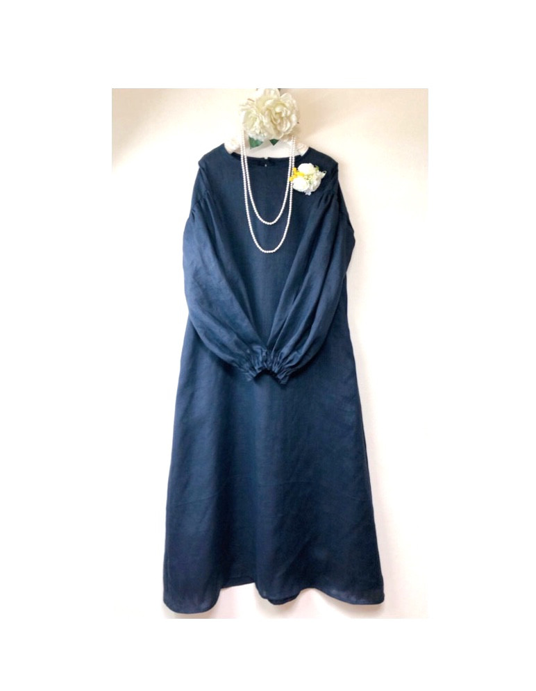 新作❤️程よいボリューム袖とお包みボタン❤️上品なAラインリネンワンピース❤️フォーマル/卒業/入学❤️ネイビー