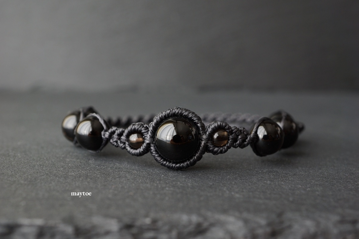 モリオン(黒水晶)のシンプルお守りブレスレット - black - ＜金属フリー＞