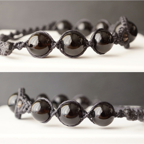 モリオン(黒水晶)のシンプルお守りブレスレット - black - ＜金属