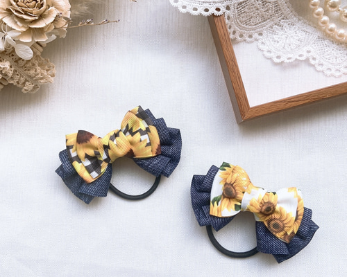ハンドメイド★ひまわり♡ストライプꗯ̤̮.*綿入りリボンヘアゴム ハンドメイド☆ひまわり♡ストライプꗯ̤̮.*綿入りリボンヘアゴム