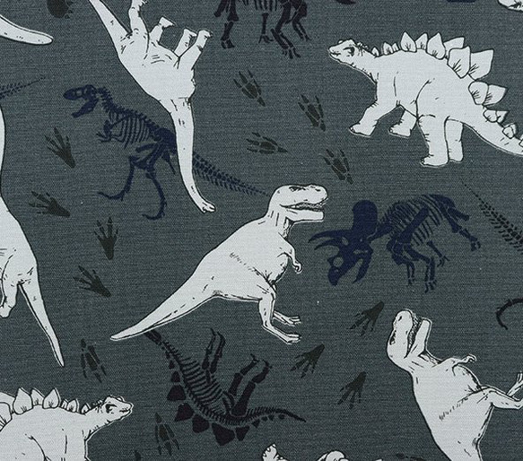 【生地】オックスプリント 恐竜 ・ダークグレー・綿100％・110ｃｍ巾×50ｃｍ単位 1枚目の画像