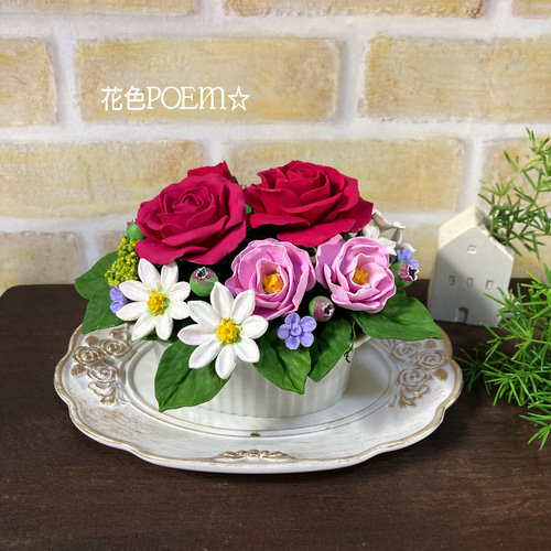 アートフラワー　ベア 粘土の花〓7種盛り＊薔薇とカーネーション・ミックスフラワー♡麻布