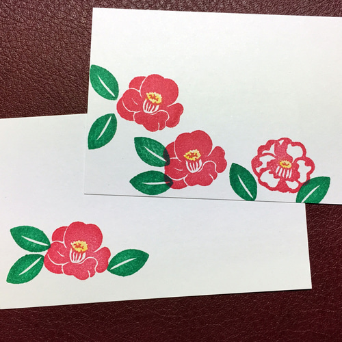 小さめ椿の花と葉の消しゴムはんこ（持ち手つき）マーブル椿の花