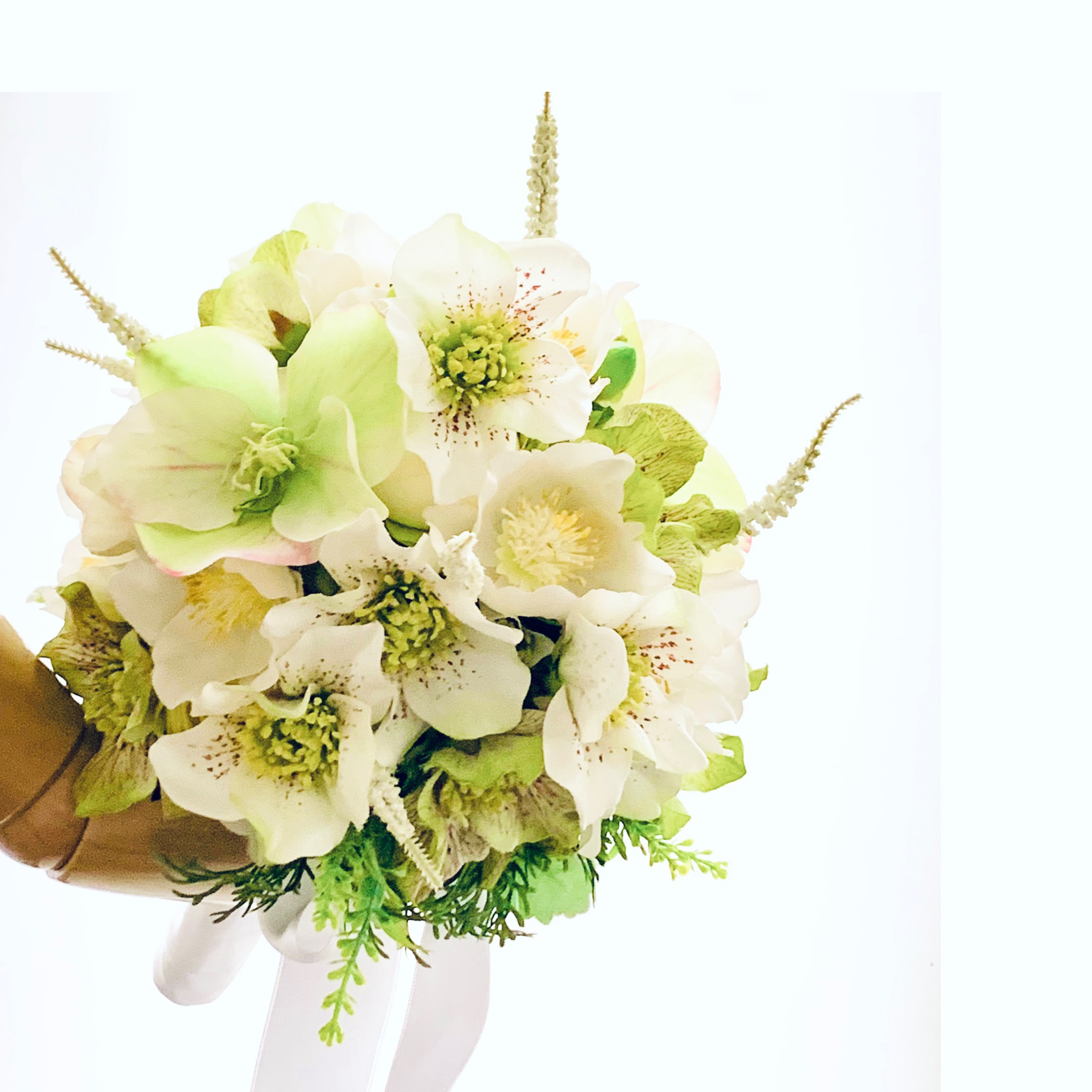 クリスマスローズ、ウェディングブーケ、ナチュラル、アーティフィシャルフラワー、造花、白、緑