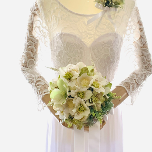 アーティフィシャルフラワー ブーケ 結婚式 白 緑（クラッチ