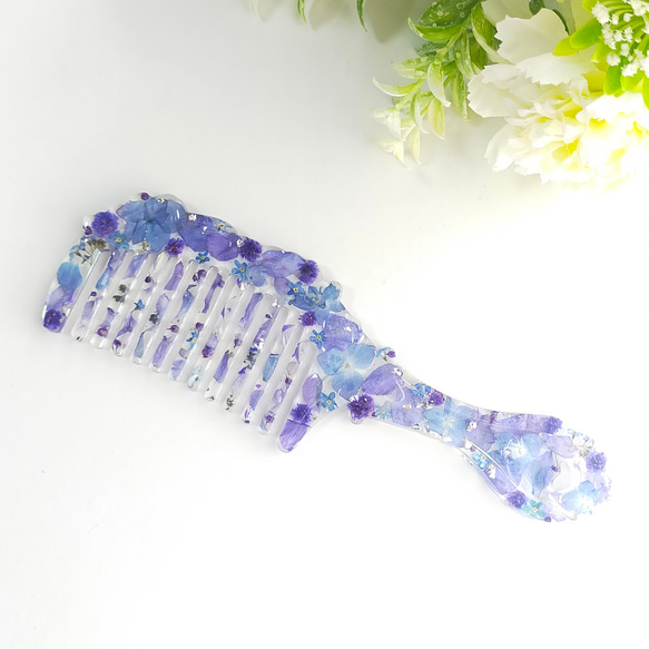 〜ドライフラワーのアンティークヘアコーム　ブルー〜　ヘアブラシ　櫛　花　レジン　クリア　クリニック什器　アクセサリー　 18枚目の画像