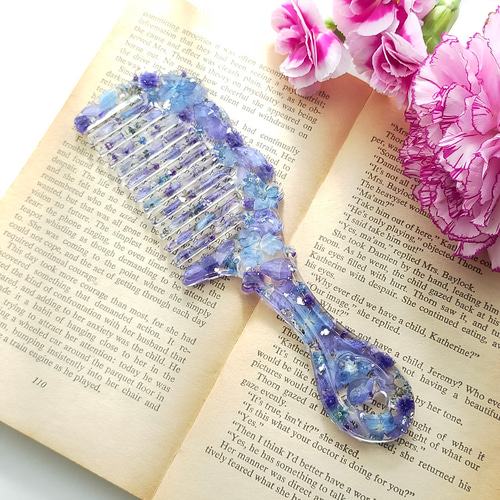 ドライフラワーのアンティークヘアコーム ブルー〜 ヘアブラシ 櫛 花