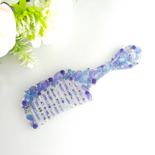 ドライフラワーのアンティークヘアコーム ブルー〜 ヘアブラシ 櫛 花