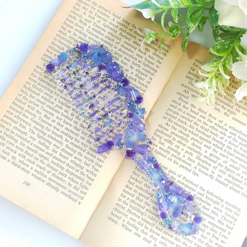 ドライフラワーのアンティークヘアコーム ブルー〜 ヘアブラシ 櫛 花