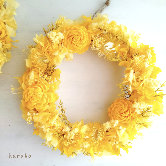 Creema限定母の日早割 ミモザカラー 黄色いお花のフラワーリース プリザーブドフラワー ドライフラワーリース 7枚目の画像