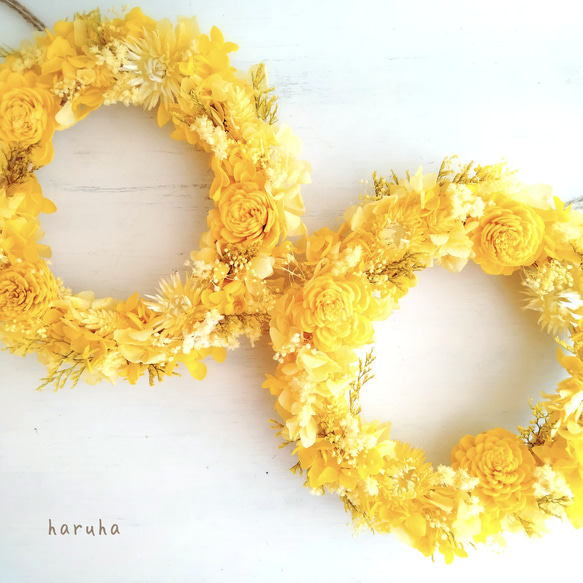 Creema限定母の日早割 ミモザカラー 黄色いお花のフラワーリース プリザーブドフラワー ドライフラワーリース 1枚目の画像