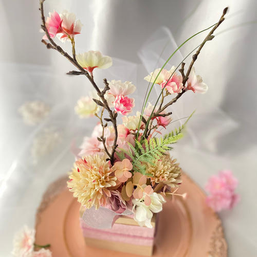ウッドBOX＊淡色桜アレンジメント】ギフト 贈り物 桜 八重桜 ピンク
