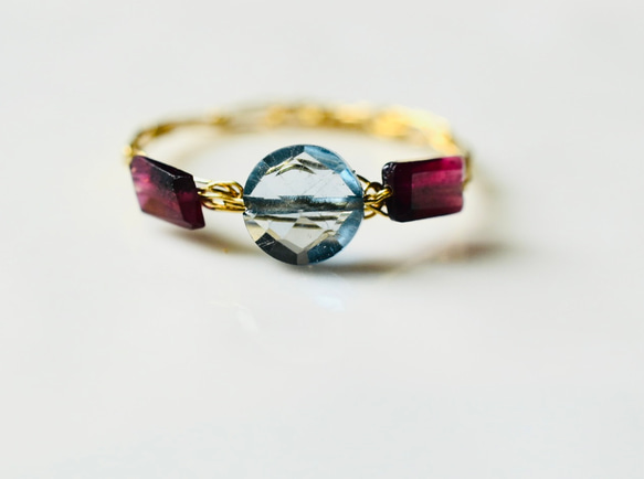 [K14gf] Swiss Blue Topaz, Garnet fine cord knit / Gold filled 戒指 第1張的照片