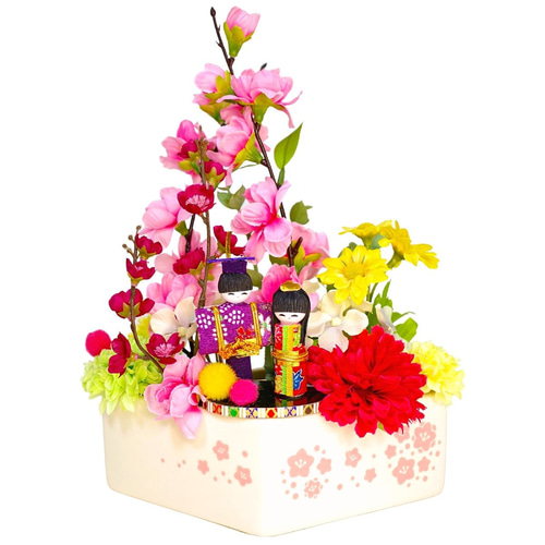 お花いっぱい雛祭りアレンジ 雛祭り 陶器ポット 桃の花 雛人形
