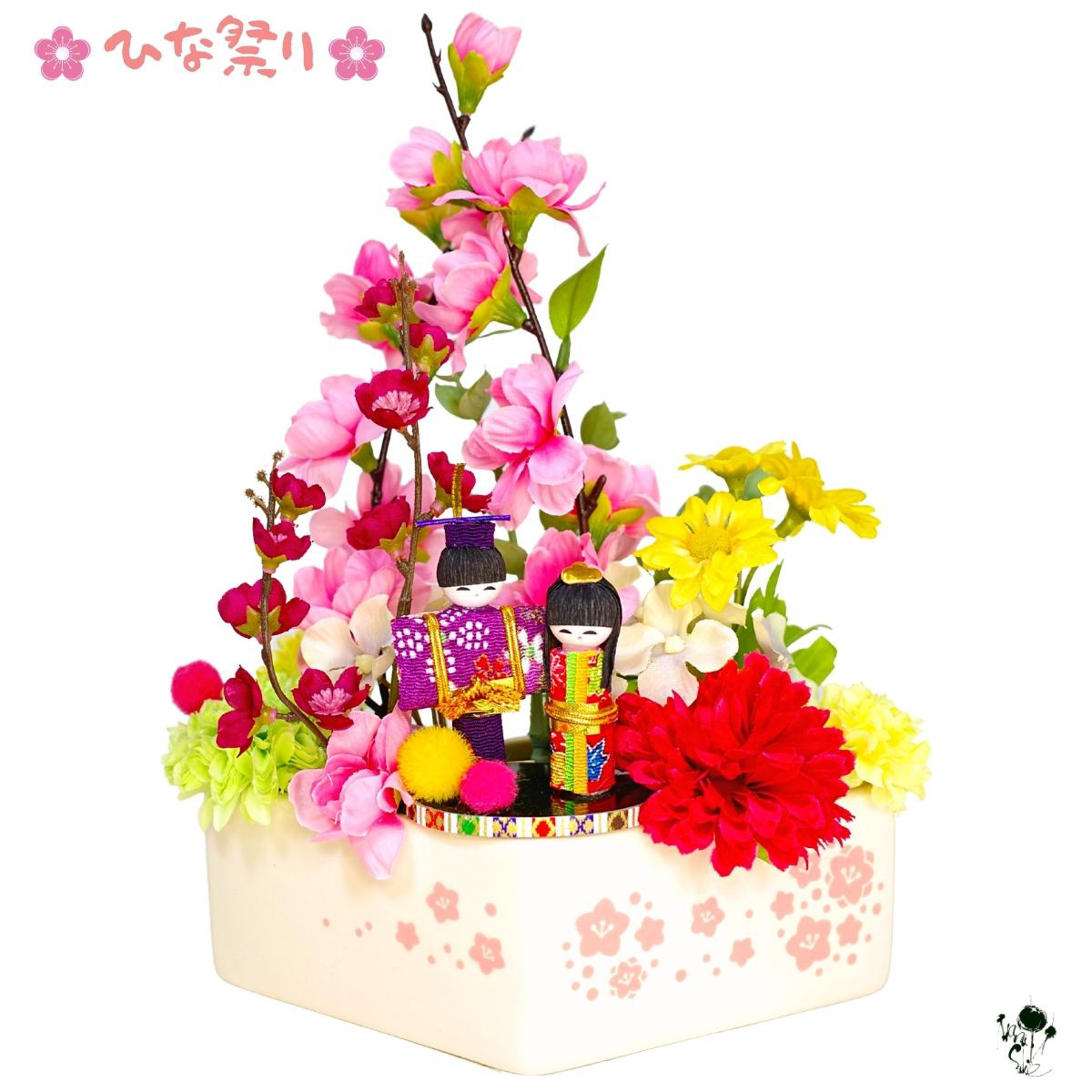 お花いっぱい雛祭りアレンジ 雛祭り 陶器ポット 桃の花  雛人形 ちりめん 桃の節句 おひな様 雛祭り 造花 雑貨