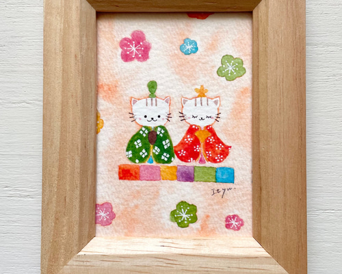 透明水彩画「ねこ雛」イラスト ミニ額 お雛様 ひな祭り ひなまつり 