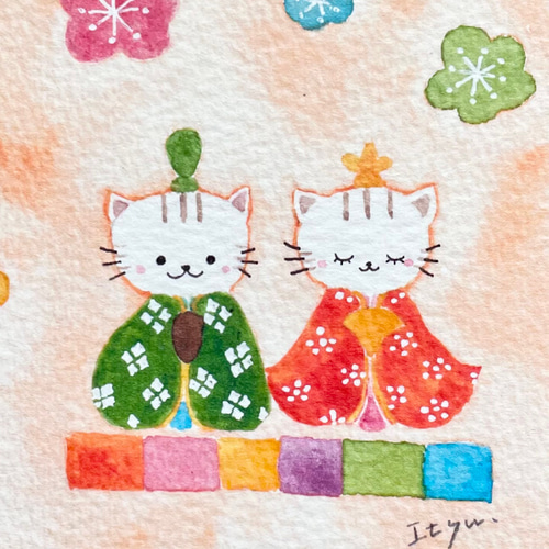 透明水彩画「ねこ雛」2枚セット イラスト ミニカード お雛様