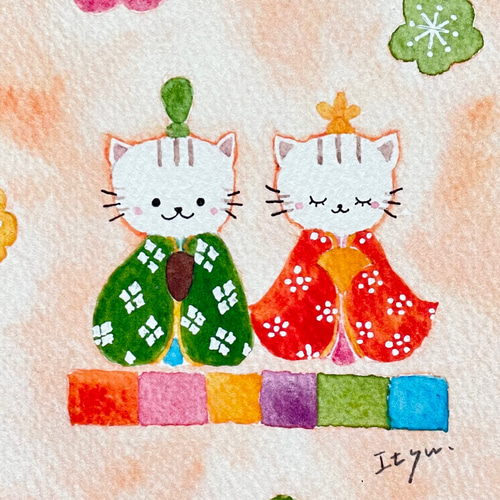 透明水彩画「ねこ雛」3枚セット イラスト ポストカード お雛様 ...