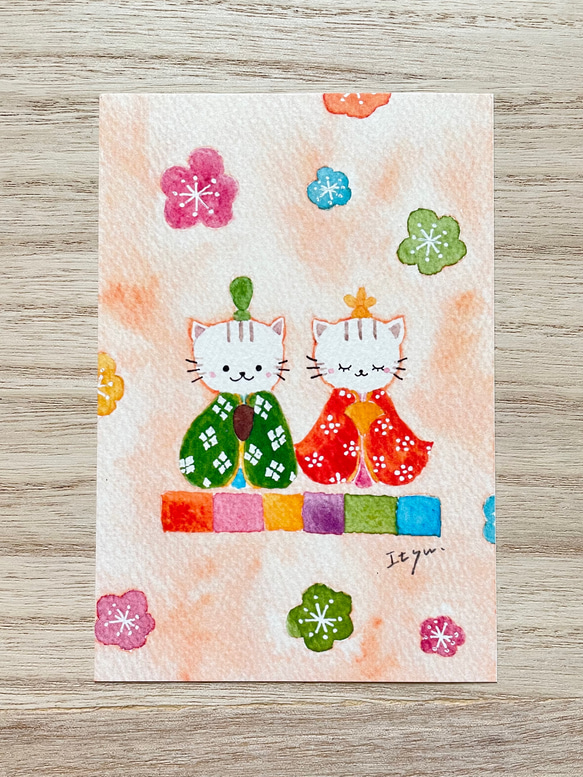 透明水彩画「ねこ雛」A4ポスター　名入れ　イラスト　お雛様　ひな祭り　ひなまつり　猫　ねこ　ネコ　猫雛　ネコ雛　初節句　 3枚目の画像