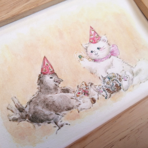 原画 『 花ねこ 』 アクリル水彩画 猫 イラスト ネコ アート