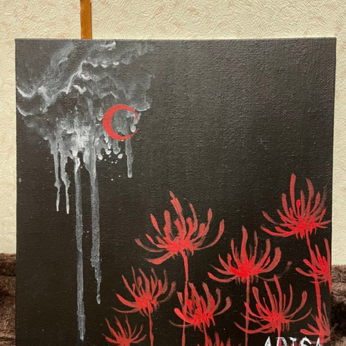 赤絵細描風アート「彼岸花に揚羽図」イラスト原画 油絵 油彩 油彩画 絵画【彼岸花と赤い電車】 絵画 HR 通販