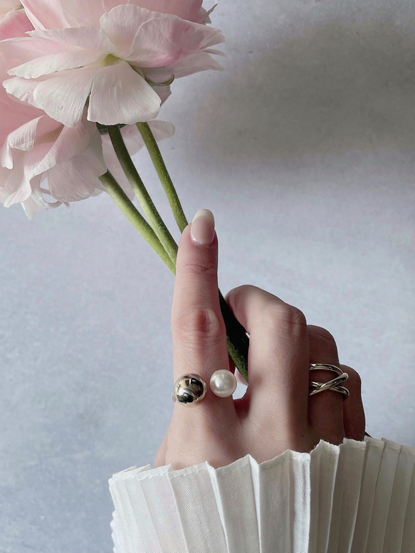 あこや真珠のフォークリング | 指輪 | フリーサイズ | 本真珠 | サージカルステンレス | 金属アレルギー対応 2枚目の画像