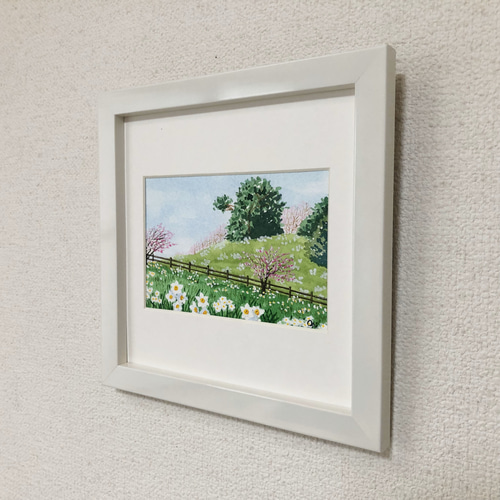 透明水彩画原画「スイセンと梅の花」額縁付F4サイズ風景画