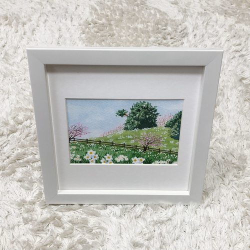 透明水彩画原画「スイセンと梅の花」額縁付F4サイズ風景画