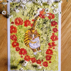 ハートの椿とキジトラ猫さんのポストカード 4枚目の画像