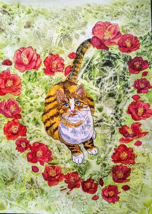ハートの椿とキジトラ猫さんのポストカード 1枚目の画像