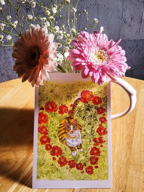 ハートの椿とキジトラ猫さんのポストカード 3枚目の画像