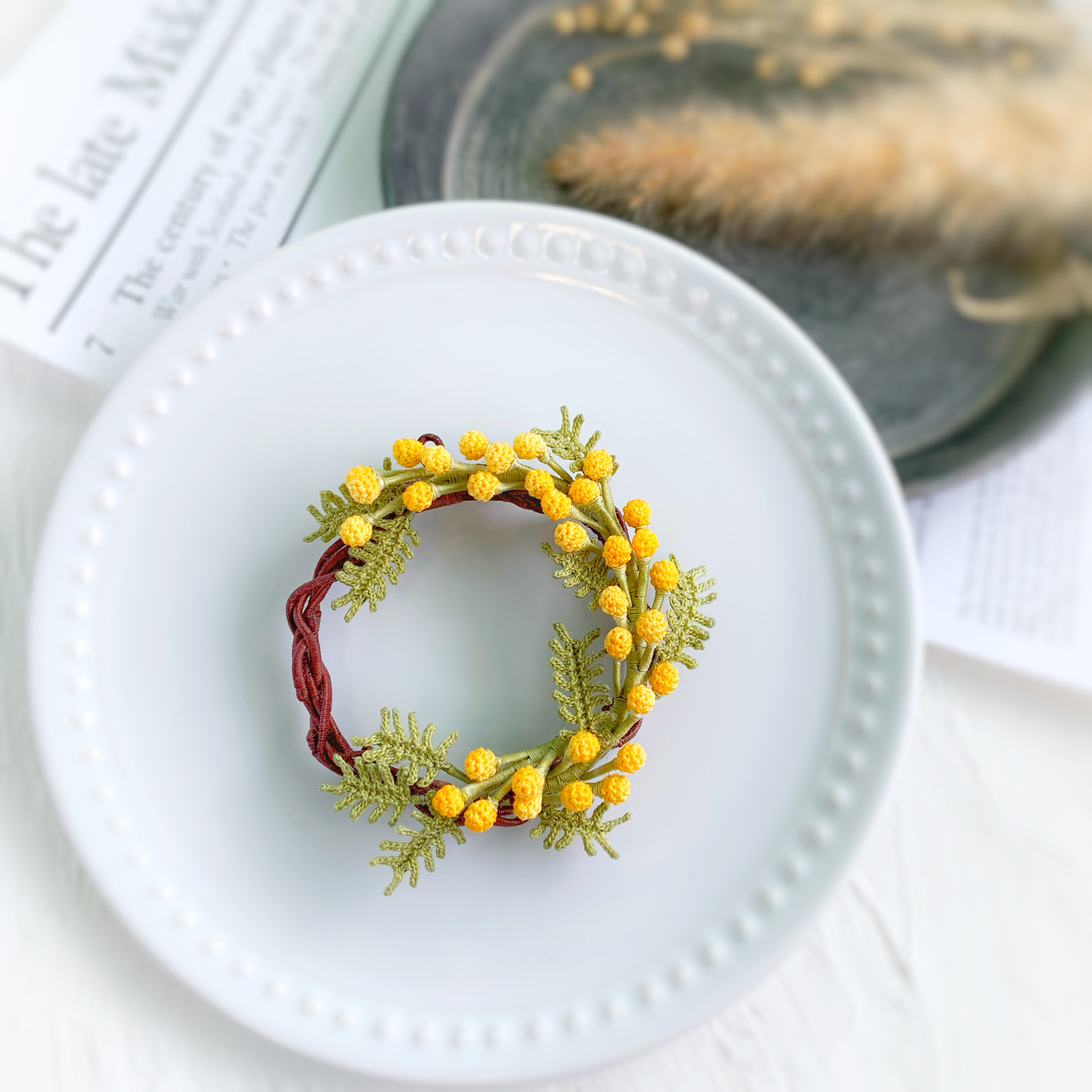 new‼︎ 2way ミモザのリースブローチ　レース編みアクセサリー