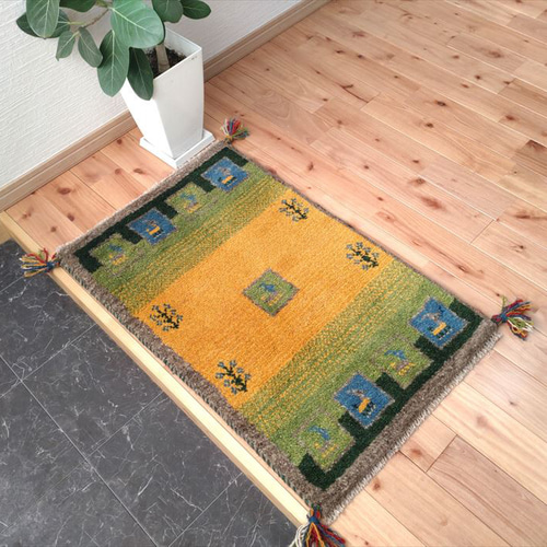 大特価40%OFF】ペルシャ ギャッベ 玄関マット 80×50cm イエロー 大特価40%OFF】ペルシャ ギャッベ 玄関マット 80×50cm イエロー
