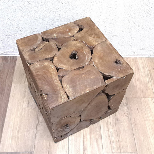 銘木 チーク ブロック スツール 椅子 天然木 無垢 キューブ 40cm