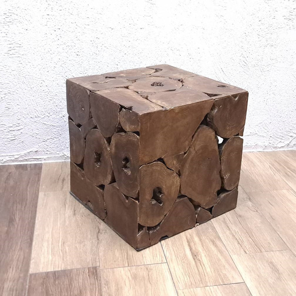 銘木 チーク ブロック スツール 椅子 天然木 無垢 キューブ 40cm