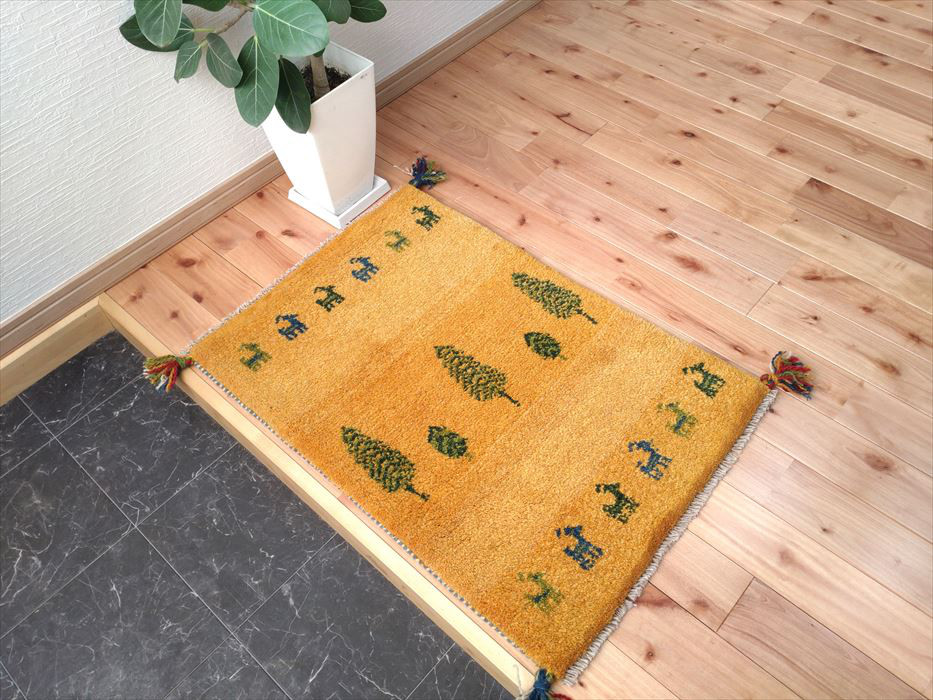 春のラグ祭り】ペルシャ ギャッベ 玄関マット 80×50cm イエロー 成F-5