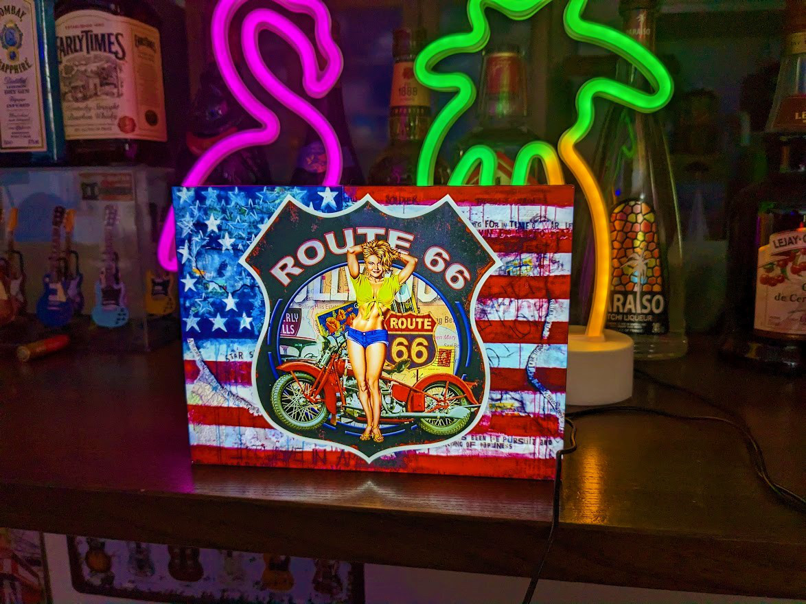 ルート66 アメリカン バイク 星条旗 標識 テーブル カウンター ミニチュア 看板 置物 雑貨 LED ライトBOX