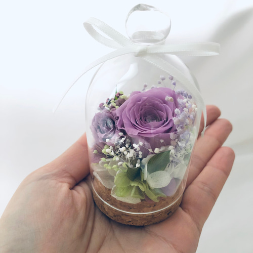 プリザーブドフラワーパープルローズとかすみ草のミニガラスドーム
