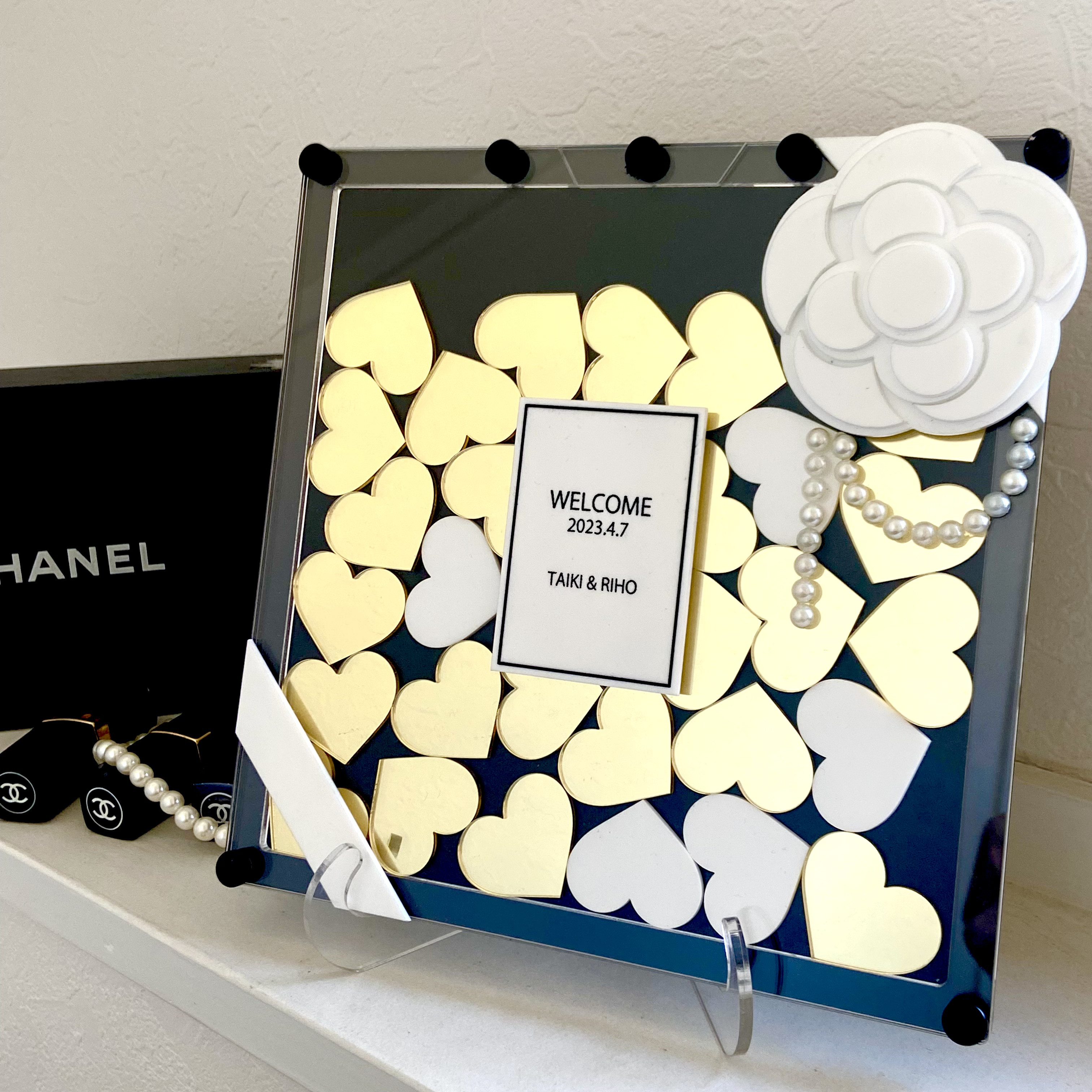 ウェディングドロップス　ゴールド　ホワイトカメリア　ハートドロップス　ウェルカムボード　ゲスト参加型結婚証明書