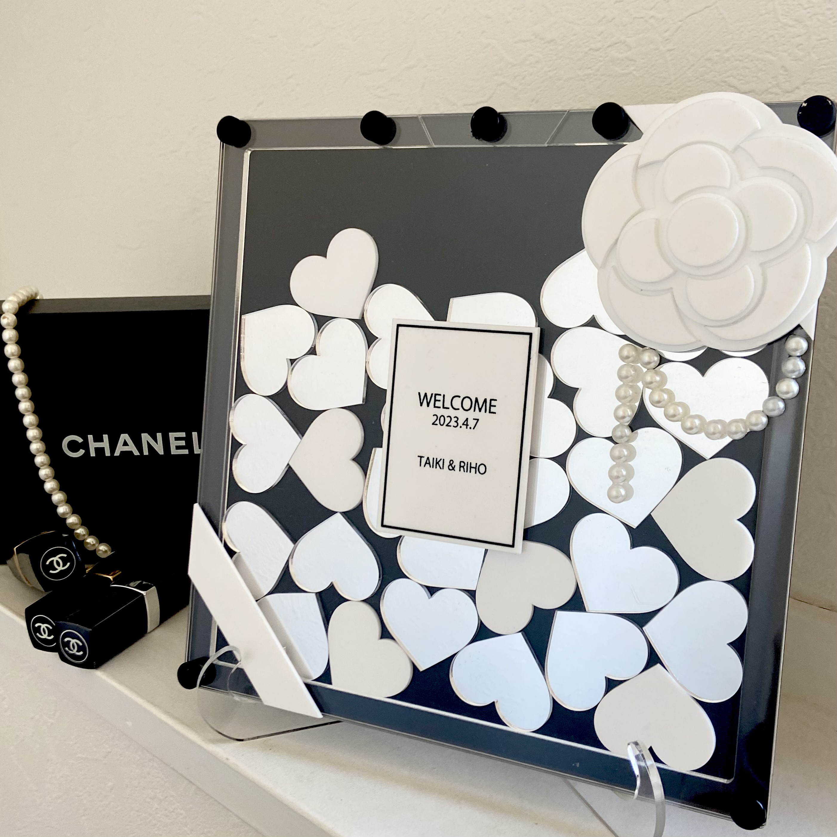 ウェディングドロップス　シルバー　ホワイトカメリア　ハートドロップス　ウェルカムボード　ゲスト参加型結婚証明書