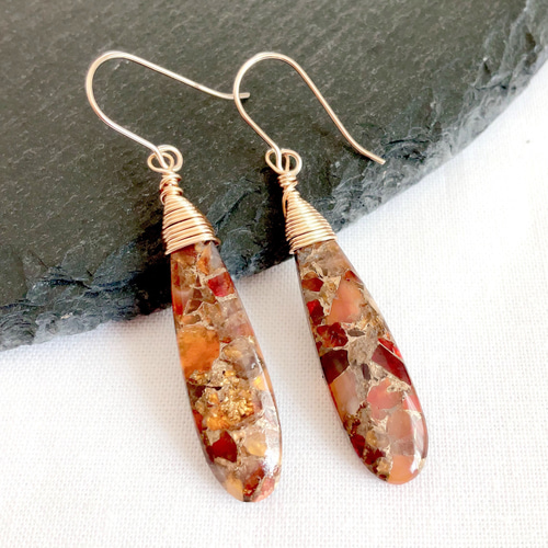 ファイヤーオパールコッパー ロングピアス,イヤリング/天然石 シンプル