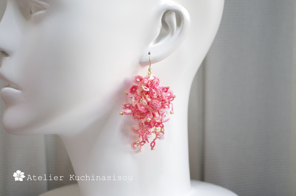 【手染】梭織蕾絲蓬鬆耳環&lt;Sakura&gt; 第3張的照片