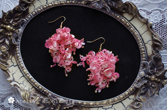 【手染】梭織蕾絲蓬鬆耳環&lt;Sakura&gt; 第4張的照片