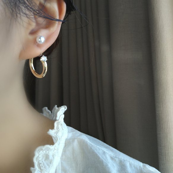 Pearl ＆ bijou hoop earrings パールとビジューのフープイヤリング フープピアス 結婚式お呼ばれ 17枚目の画像