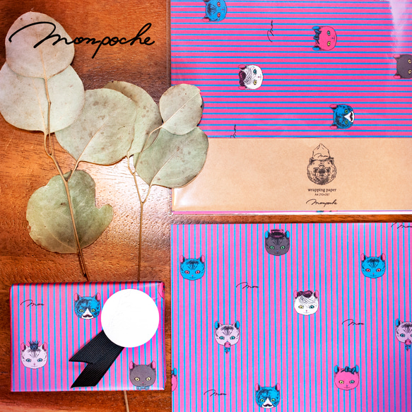 「おしゃれネコ」A４ グリーン＆ピンク 10枚 ラッピングペーパー  包装紙  cat_a4_green_pink 2枚目の画像