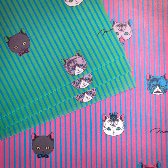 「おしゃれネコ」A４ グリーン＆ピンク 10枚 ラッピングペーパー  包装紙  cat_a4_green_pink 6枚目の画像