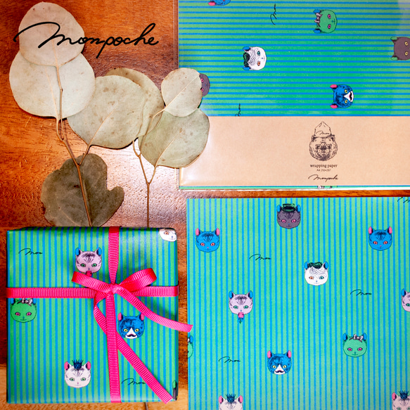 「おしゃれネコ」A４ グリーン＆ピンク 10枚 ラッピングペーパー  包装紙  cat_a4_green_pink 3枚目の画像