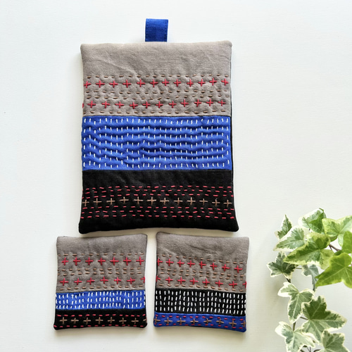 チクチク刺し子風ステッチ⭐︎パッチワーク鍋敷(ブラウン