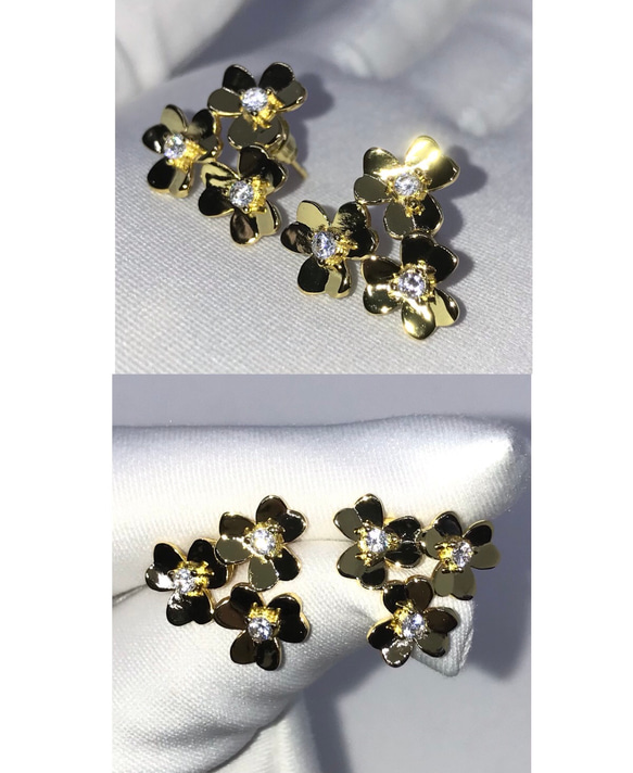 3ミニ ゴールド3A高級CZダイヤモンド.三つ葉ピアス.プラチナコート 2枚目の画像